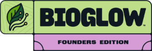 Bioglow logo on lime green banner with a stylized leaf icon on the left and 'BIOGLOW' in bold letters; lavender 'FOUNDERS EDITION' panel below.