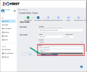 Screenshot of FIRST dashboard: Create New Team form with Team Details and Team Location; region dropdown shows Florida - Central & West selected. Now saving changes button visible below.